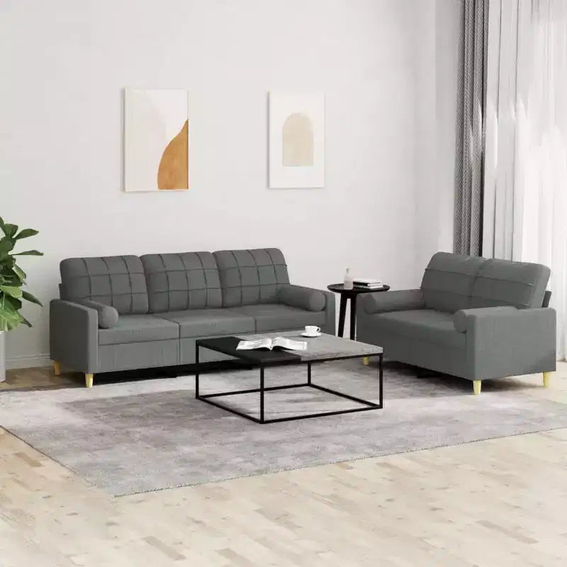 vidaXL Ensemble canapé en tissu gris foncé - Meubles de salon modernes 2 pièces - Comprend un canapé 2 places, un canapé 3 places, des coussins décoratifs et des coussins d'assise