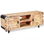 vidaXL Meuble TV fait main en bois de manguier brut, 120x30x50 cm, offrant un grand espace de rangement et un motif de bois distinctif, idéal pour divers espaces