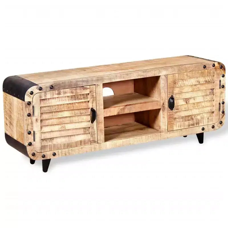 vidaXL Meuble TV fait main en bois de manguier brut, 120x30x50 cm, offrant un grand espace de rangement et un motif de bois distinctif, idéal pour divers espaces
