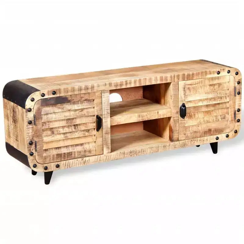 vidaXL Meuble TV fait main en bois de manguier brut, 120x30x50 cm, offrant un grand espace de rangement et un motif de bois distinctif, idéal pour divers espaces