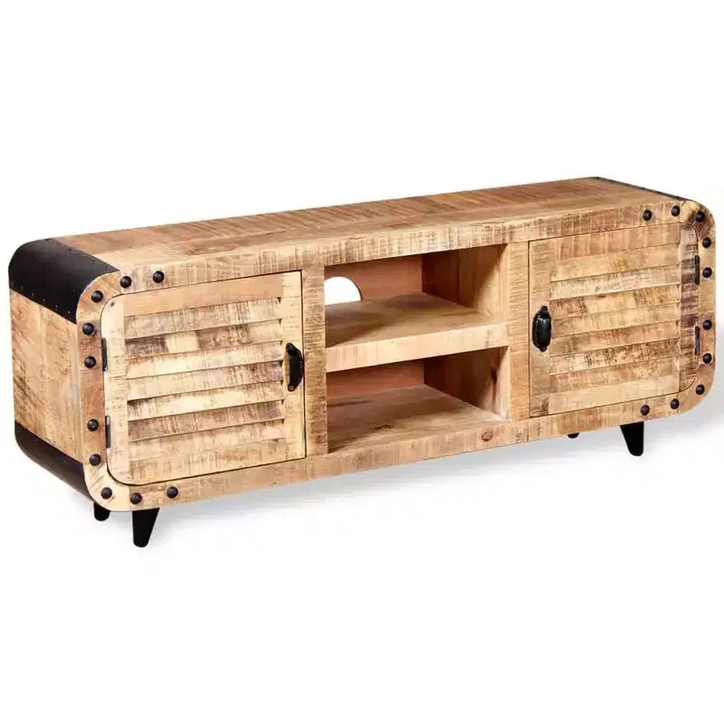 vidaXL Meuble TV fait main en bois de manguier brut, 120x30x50 cm, offrant un grand espace de rangement et un motif de bois distinctif, idéal pour divers espaces