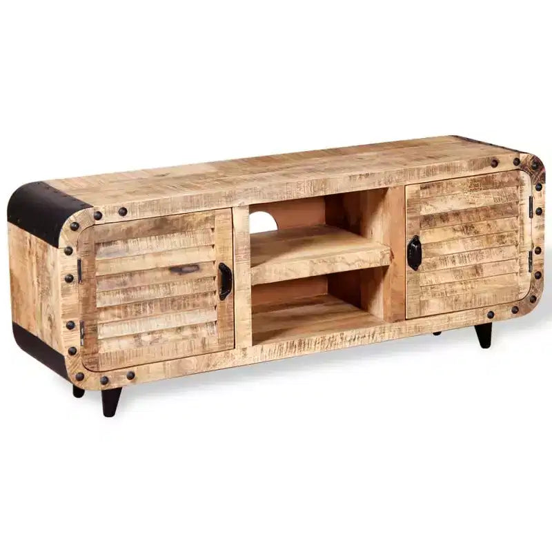 vidaXL Meuble TV fait main en bois de manguier brut, 120x30x50 cm, offrant un grand espace de rangement et un motif de bois distinctif, idéal pour divers espaces