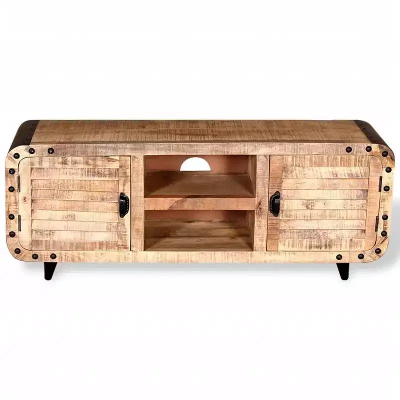 vidaXL Meuble TV fait main en bois de manguier brut, 120x30x50 cm, offrant un grand espace de rangement et un motif de bois distinctif, idéal pour divers espaces