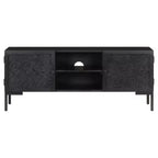 vidaXL Solid Wood TV Stand with Two Shelves and Doors, Powder Coated Steel Frame, Black Finish, Industrial Style, Size: 45.3x11.8x18.1