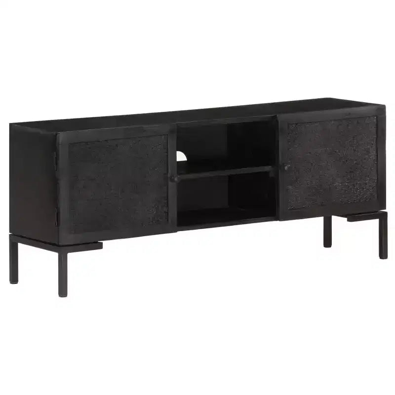 Meuble TV vidaXL en bois massif avec deux étagères et portes, cadre en acier enduit de poudre, finition noire, style industriel, taille : 45,3x11,8x18,1