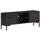 Meuble TV vidaXL en bois massif avec deux étagères et portes, cadre en acier enduit de poudre, finition noire, style industriel, taille : 45,3x11,8x18,1