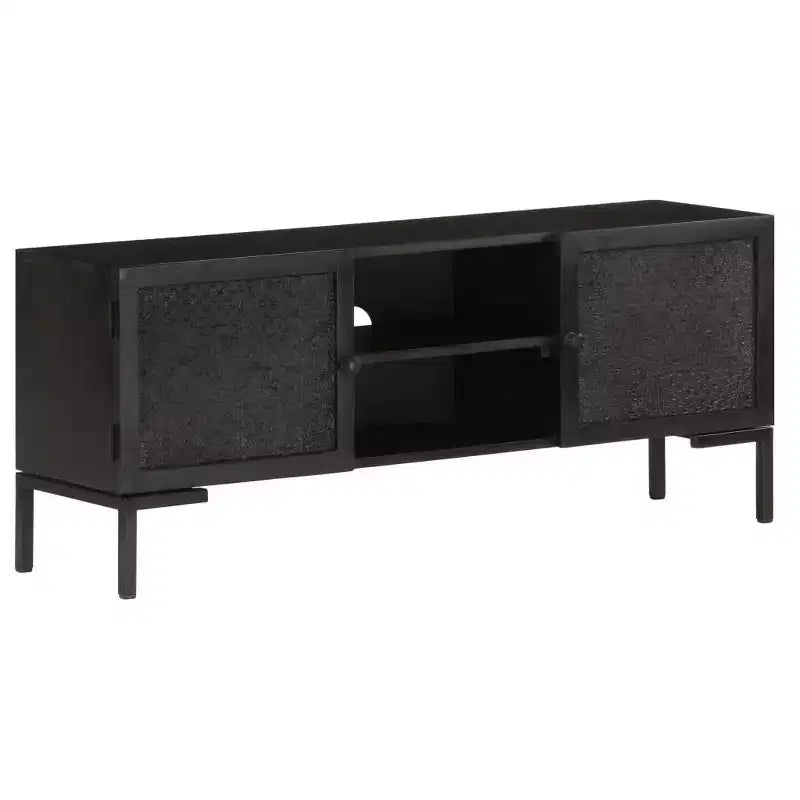 Meuble TV vidaXL en bois massif avec deux étagères et portes, cadre en acier enduit de poudre, finition noire, style industriel, taille : 45,3x11,8x18,1