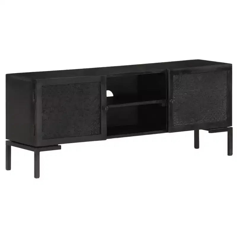 Meuble TV vidaXL en bois massif avec deux étagères et portes, cadre en acier enduit de poudre, finition noire, style industriel, taille : 45,3x11,8x18,1