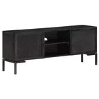 Meuble TV vidaXL en bois massif avec deux étagères et portes, cadre en acier enduit de poudre, finition noire, style industriel, taille : 45,3x11,8x18,1
