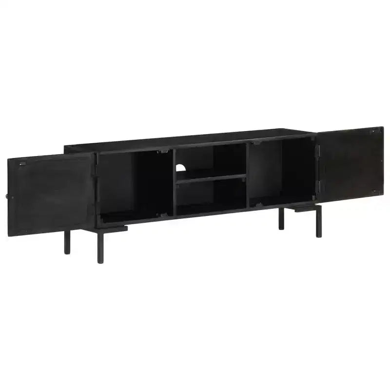 Meuble TV vidaXL en bois massif avec deux étagères et portes, cadre en acier enduit de poudre, finition noire, style industriel, taille : 45,3x11,8x18,1