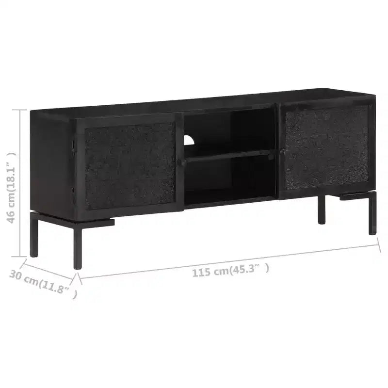 Meuble TV vidaXL en bois massif avec deux étagères et portes, cadre en acier enduit de poudre, finition noire, style industriel, taille : 45,3x11,8x18,1