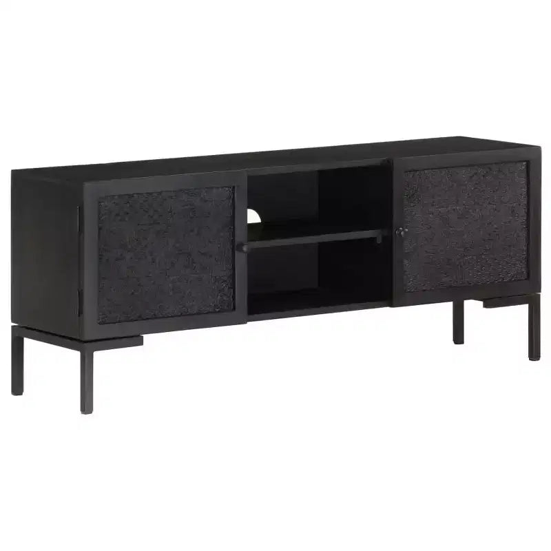 Meuble TV vidaXL en bois massif avec deux étagères et portes, cadre en acier enduit de poudre, finition noire, style industriel, taille : 45,3x11,8x18,1