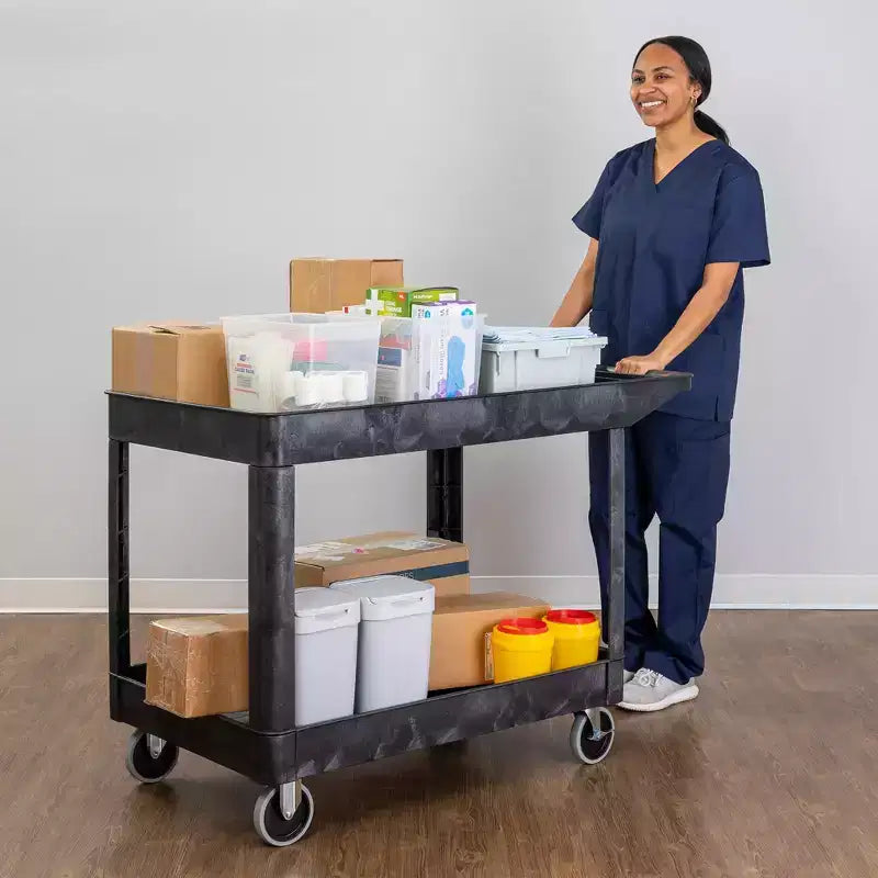 Chariot de service utilitaire à deux étagères extra large Stand Steady Tubstr – Chariot roulant robuste pour entrepôt, école et bureau (noir, 45,5 x 24,5)