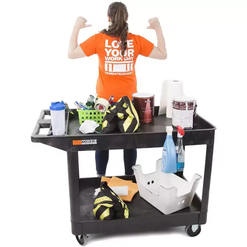 Chariot de service utilitaire à deux étagères extra large Stand Steady Tubstr – Chariot roulant robuste pour entrepôt, école et bureau (noir, 45,5 x 24,5)