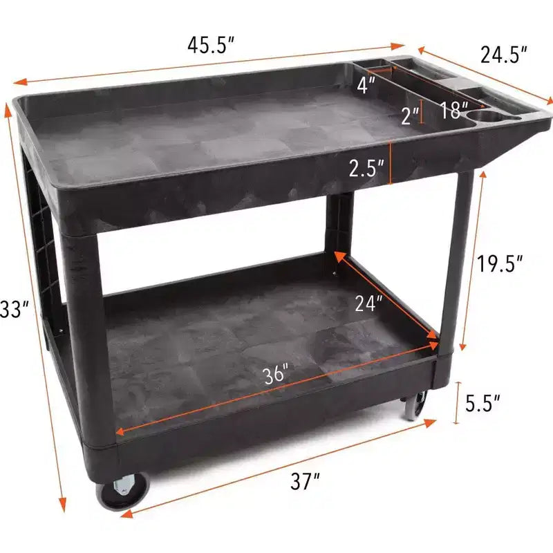 Chariot de service utilitaire à deux étagères extra large Stand Steady Tubstr – Chariot roulant robuste pour entrepôt, école et bureau (noir, 45,5 x 24,5)