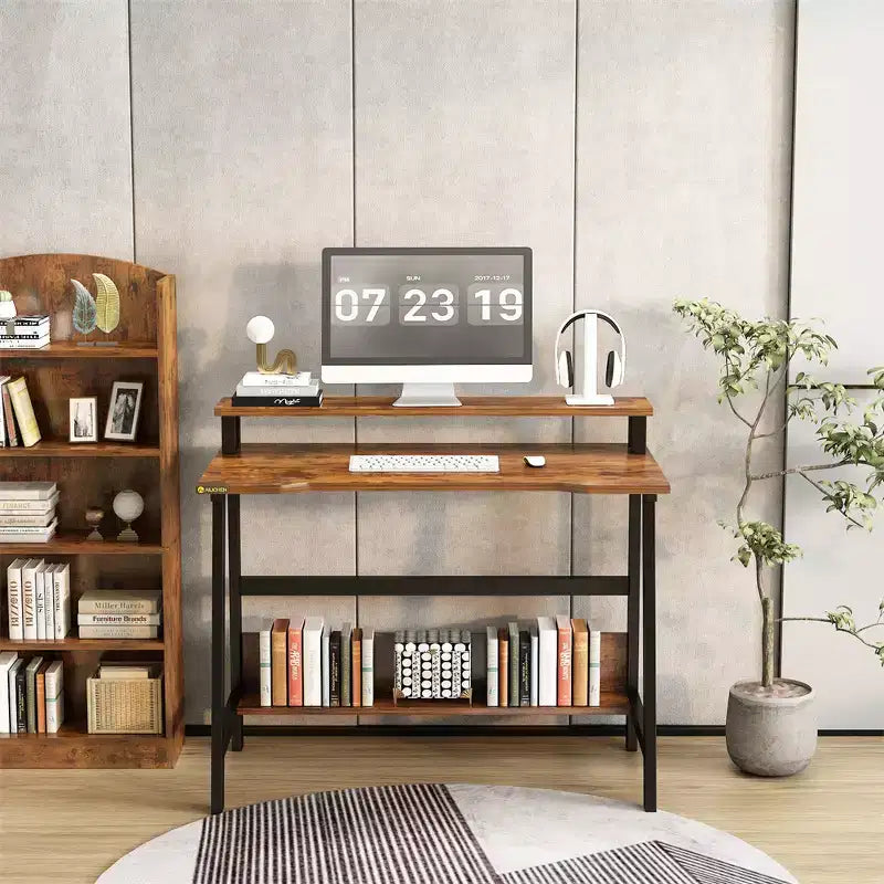 Bureau d'ordinateur en bois - Design minimaliste moderne, Poste de travail et d'étude intégré, Structure peu encombrante, Idéal pour le bureau à domicile et l'étude
