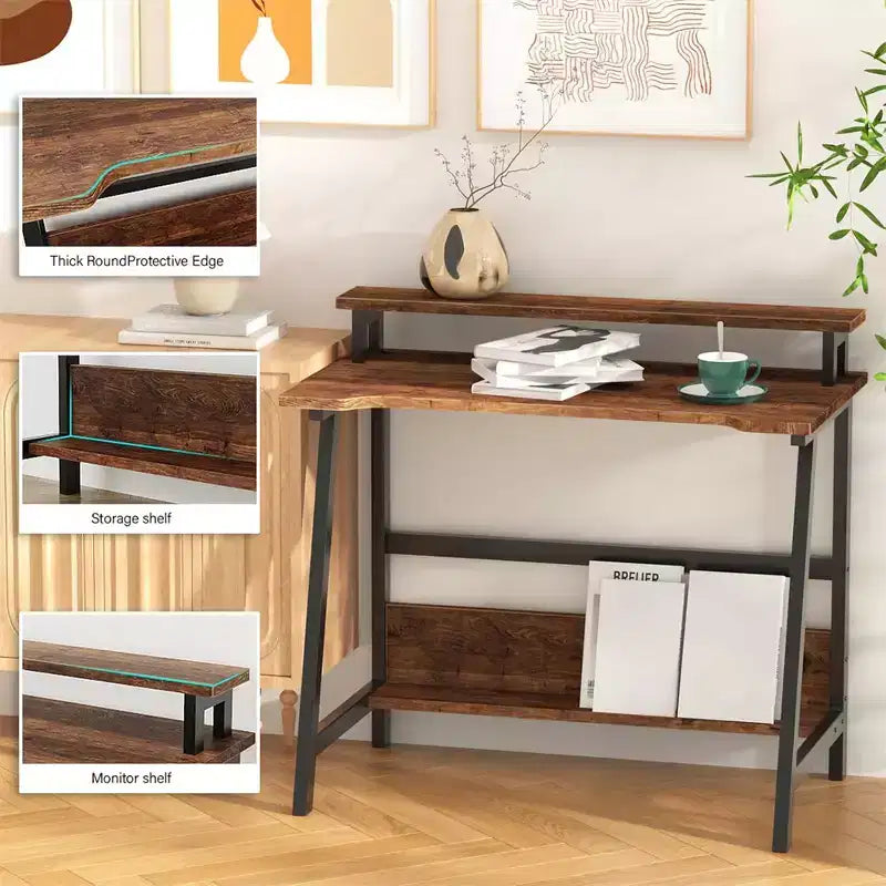 Bureau d'ordinateur en bois - Design minimaliste moderne, Poste de travail et d'étude intégré, Structure peu encombrante, Idéal pour le bureau à domicile et l'étude