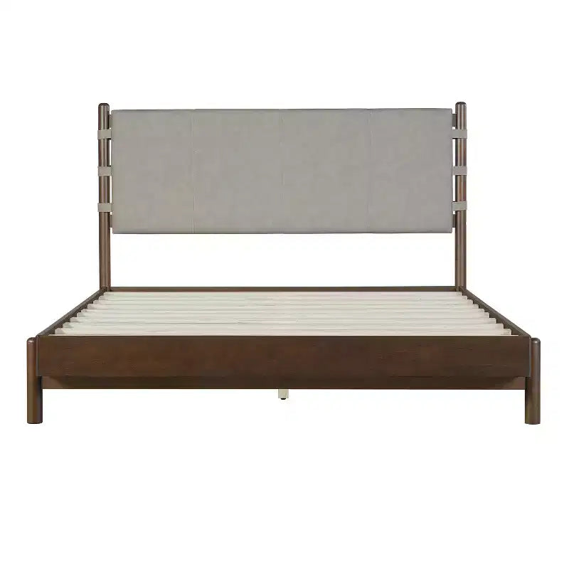 Cadre de lit plateforme Merax en bois d'hévéa de style Mid-Century avec tête de lit à lanières en similicuir