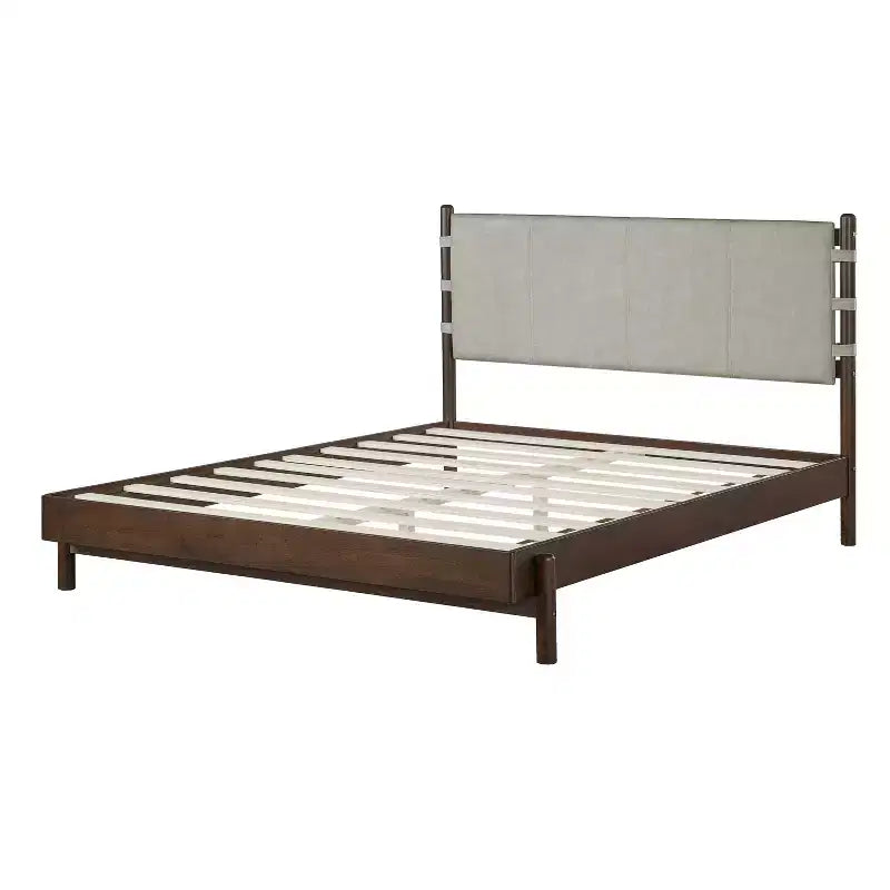 Cadre de lit plateforme Merax en bois d'hévéa de style Mid-Century avec tête de lit à lanières en similicuir