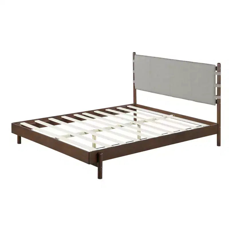 Cadre de lit plateforme Merax en bois d'hévéa de style Mid-Century avec tête de lit à lanières en similicuir
