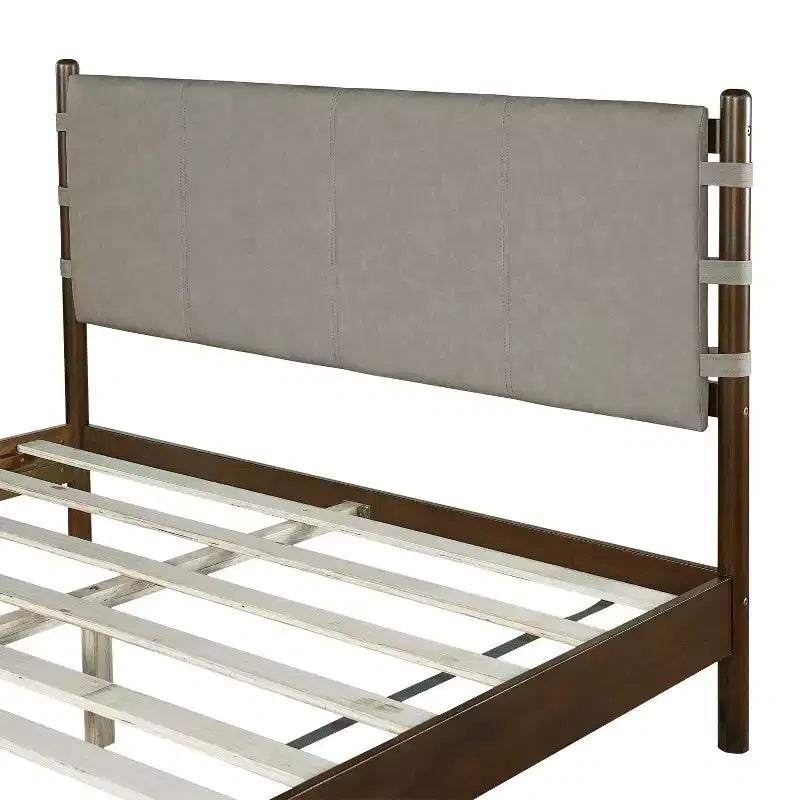 Cadre de lit plateforme Merax en bois d'hévéa de style Mid-Century avec tête de lit à lanières en similicuir