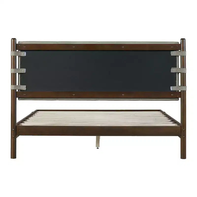 Cadre de lit plateforme Merax en bois d'hévéa de style Mid-Century avec tête de lit à lanières en similicuir