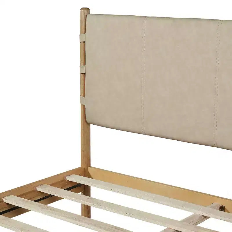 Cadre de lit plateforme Merax en bois d'hévéa de style Mid-Century avec tête de lit à lanières en similicuir