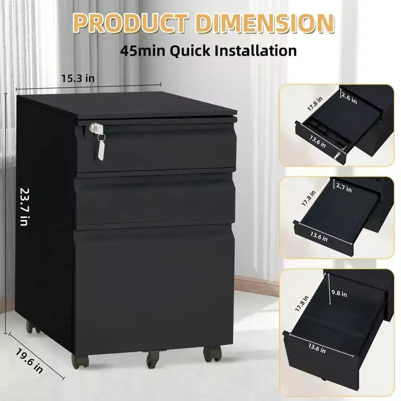 Meuble Classeur 3 Tiroirs en Tôle Emboutie à Froid avec Construction Durable, Tiroirs Coulissants Lisses, Design Compact et Rangement Sécurisé