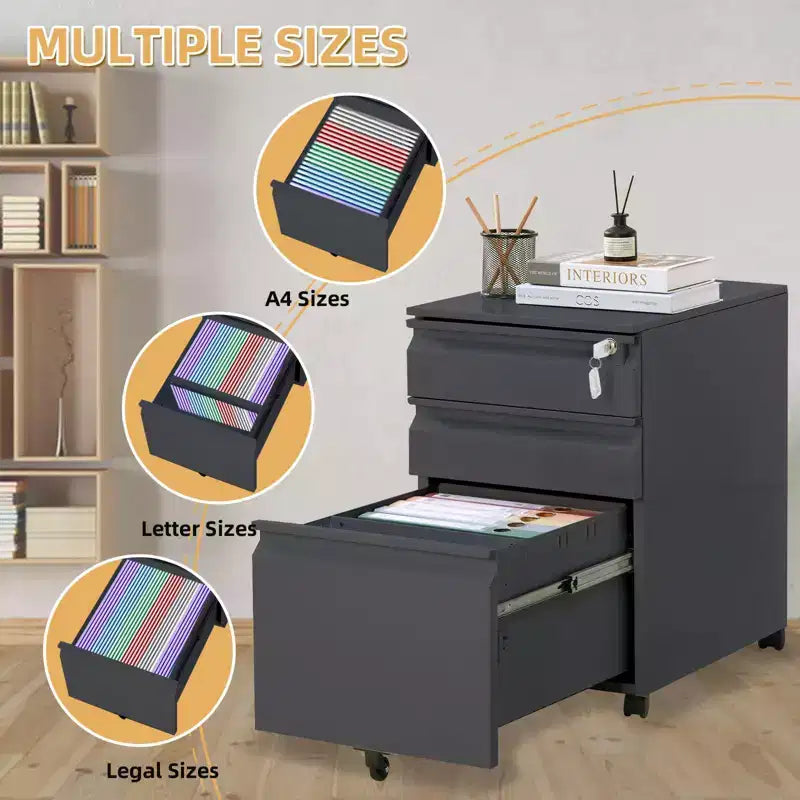 Meuble Classeur 3 Tiroirs en Tôle Emboutie à Froid avec Construction Durable, Tiroirs Coulissants Lisses, Design Compact et Rangement Sécurisé