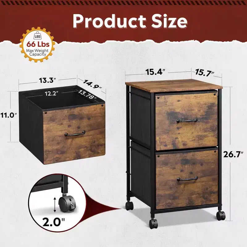 GALAXHERO Meuble de Rangement à 2 Tiroirs, Support Imprimante Mobile pour Bureau à Domicile, Meuble Classeur Vertical, Convient aux Documents A4, Grain de Bois Marron Rustique