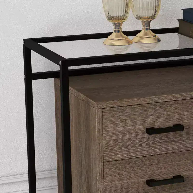 Meuble de rangement à six tiroirs avec fond surélevé, en verre trempé et panneau de triamine, doté d'un cadre en acier durable et de tiroirs spacieux