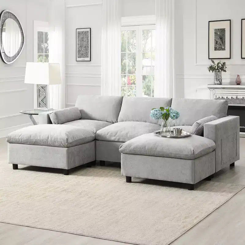 Canapé modulable en chenille de 86,5 pouces avec poches de rangement, poufs et oreillers, canapé nuage en forme de U de 5 places pour salon