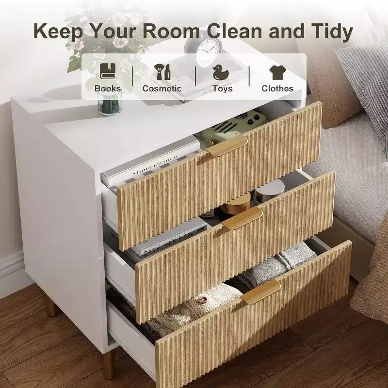 Commode Naturelle à 3 Tiroirs pour Chambre à Coucher, Grande Table de Chevet Commode, Organiseur Moderne en Bois avec Poignées Métalliques et Dispositif Anti-Basculement