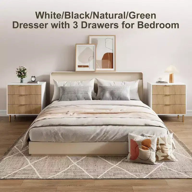 Commode Naturelle à 3 Tiroirs pour Chambre à Coucher, Grande Table de Chevet Commode, Organiseur Moderne en Bois avec Poignées Métalliques et Dispositif Anti-Basculement