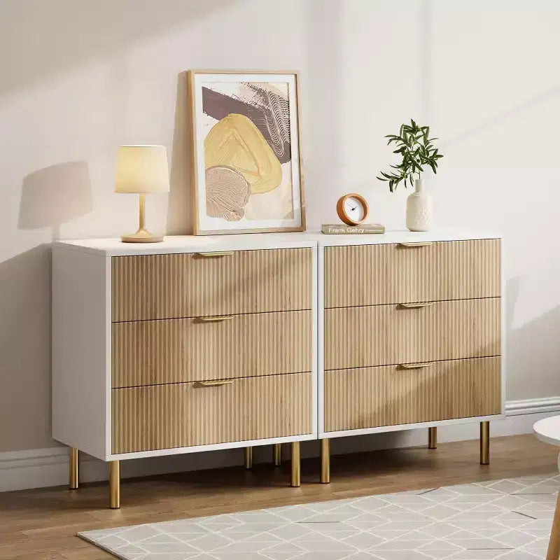Commode Naturelle à 3 Tiroirs pour Chambre à Coucher, Grande Table de Chevet Commode, Organiseur Moderne en Bois avec Poignées Métalliques et Dispositif Anti-Basculement