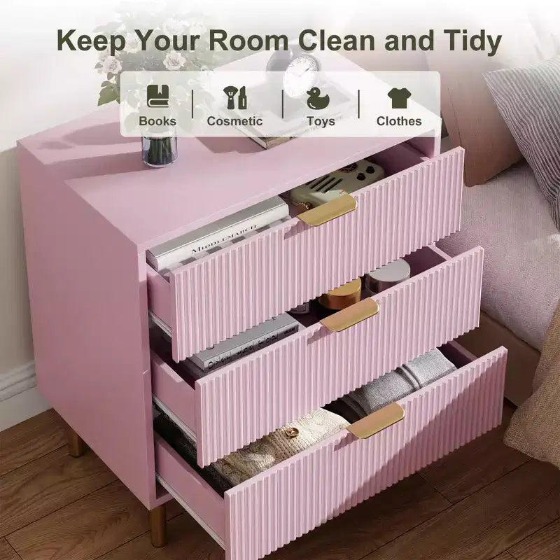 Commode Naturelle à 3 Tiroirs pour Chambre à Coucher, Grande Table de Chevet Commode, Organiseur Moderne en Bois avec Poignées Métalliques et Dispositif Anti-Basculement