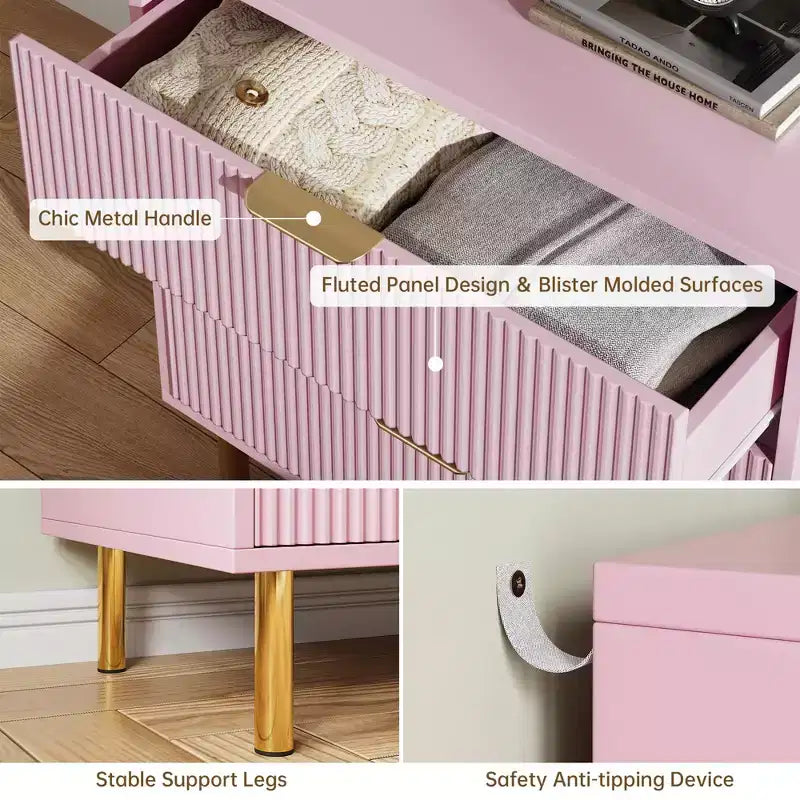 Commode Naturelle à 3 Tiroirs pour Chambre à Coucher, Grande Table de Chevet Commode, Organiseur Moderne en Bois avec Poignées Métalliques et Dispositif Anti-Basculement