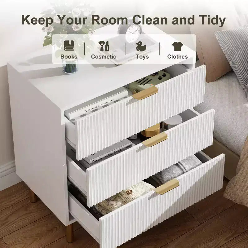 Commode Naturelle à 3 Tiroirs pour Chambre à Coucher, Grande Table de Chevet Commode, Organiseur Moderne en Bois avec Poignées Métalliques et Dispositif Anti-Basculement