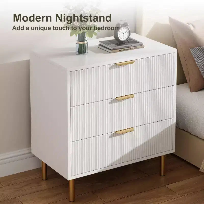 Commode Naturelle à 3 Tiroirs pour Chambre à Coucher, Grande Table de Chevet Commode, Organiseur Moderne en Bois avec Poignées Métalliques et Dispositif Anti-Basculement