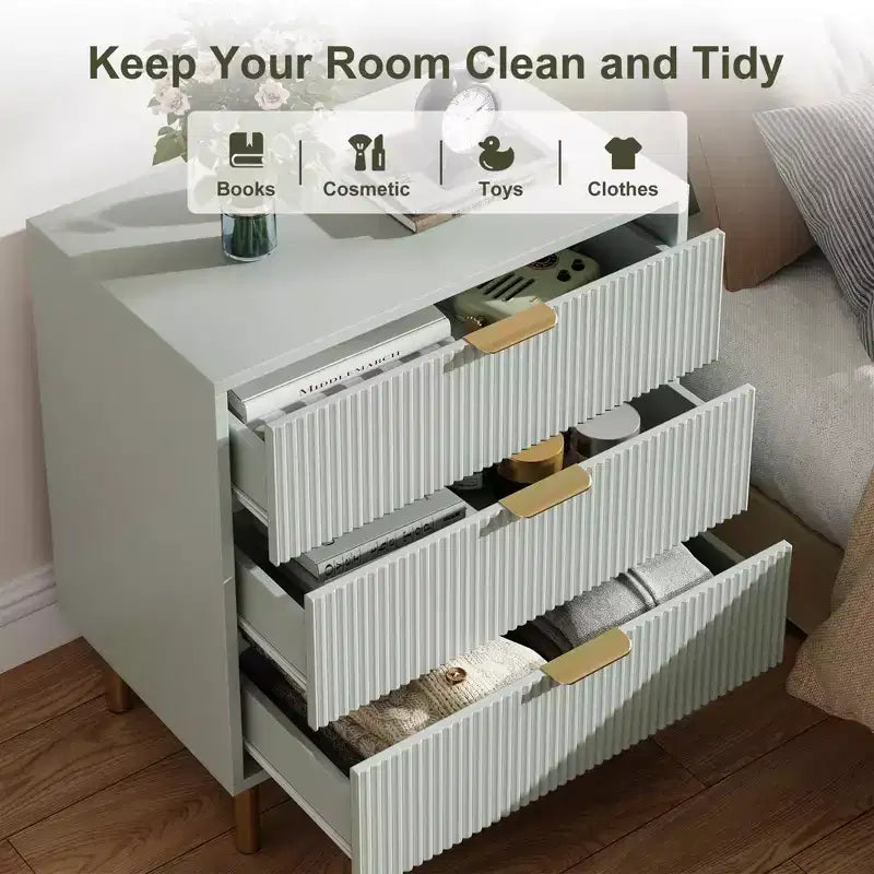 Commode Naturelle à 3 Tiroirs pour Chambre à Coucher, Grande Table de Chevet Commode, Organiseur Moderne en Bois avec Poignées Métalliques et Dispositif Anti-Basculement