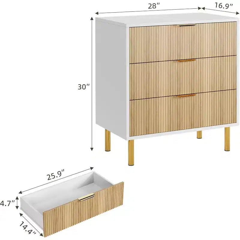 Commode Naturelle à 3 Tiroirs pour Chambre à Coucher, Grande Table de Chevet Commode, Organiseur Moderne en Bois avec Poignées Métalliques et Dispositif Anti-Basculement