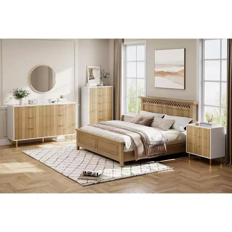 Commode Naturelle à 3 Tiroirs pour Chambre à Coucher, Grande Table de Chevet Commode, Organiseur Moderne en Bois avec Poignées Métalliques et Dispositif Anti-Basculement