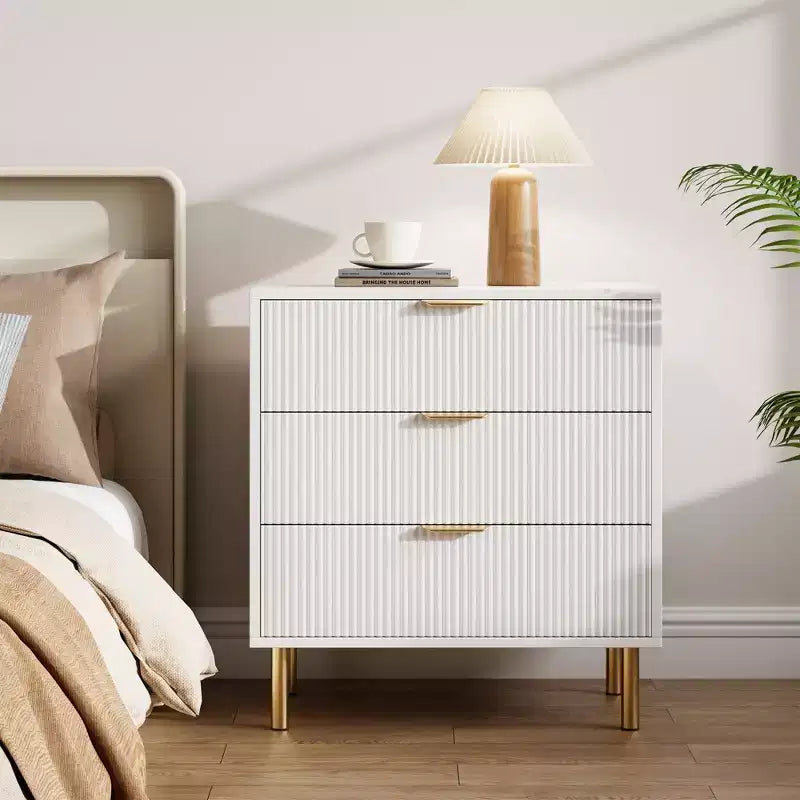 Commode Naturelle à 3 Tiroirs pour Chambre à Coucher, Grande Table de Chevet Commode, Organiseur Moderne en Bois avec Poignées Métalliques et Dispositif Anti-Basculement