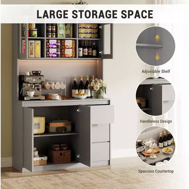Armoire de cuisine avec portes et étagères réglables, 180 cm de haut avec étagère pour micro-ondes, lumières LED et station de charge