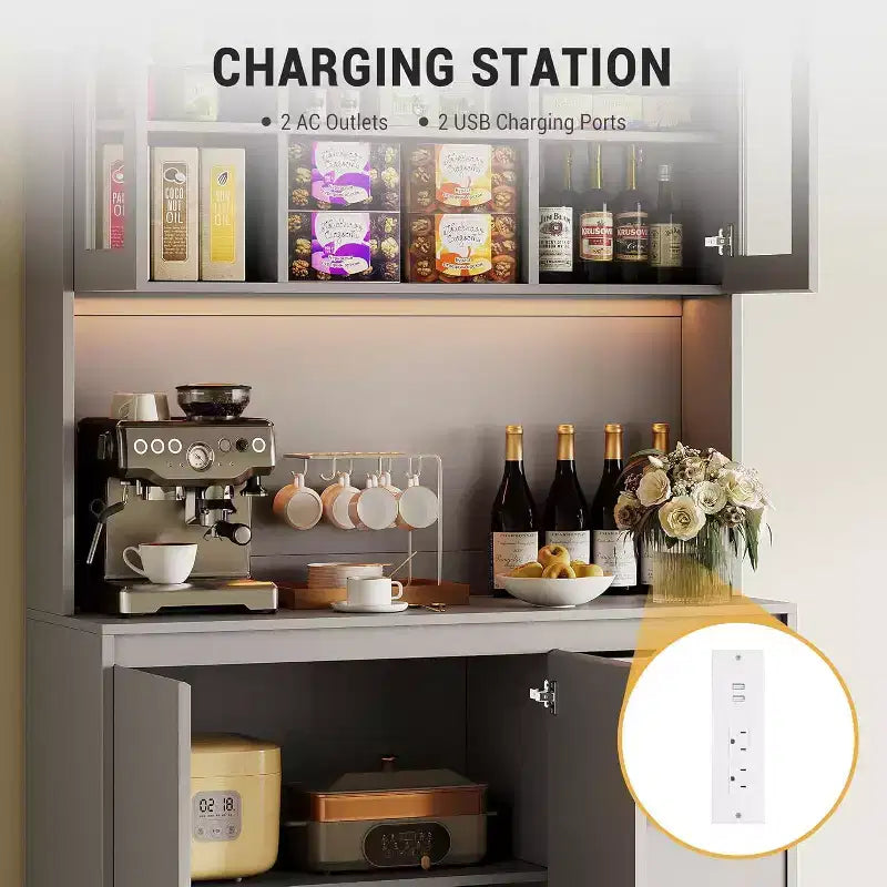 Armoire de cuisine avec portes et étagères réglables, 180 cm de haut avec étagère pour micro-ondes, lumières LED et station de charge