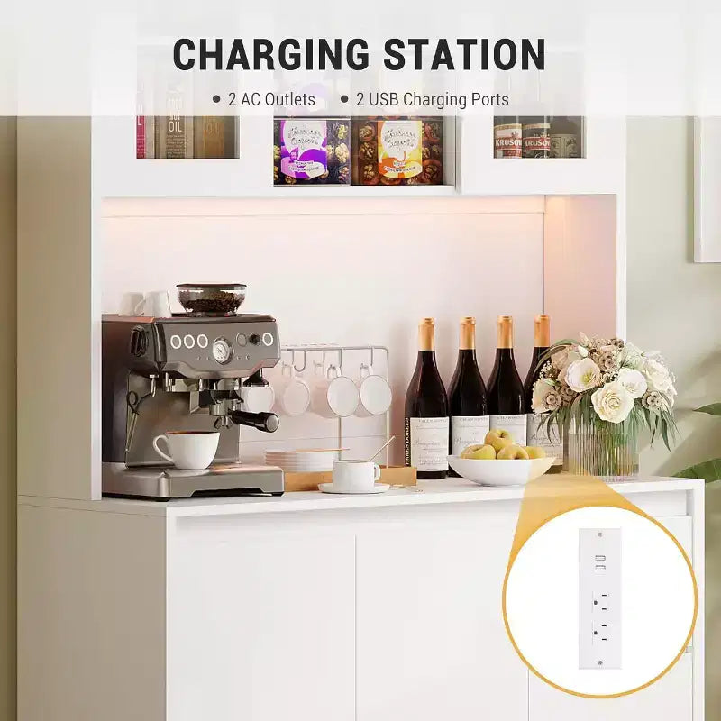 Armoire de cuisine avec portes et étagères réglables, 180 cm de haut avec étagère pour micro-ondes, lumières LED et station de charge