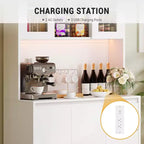 Armoire de cuisine avec portes et étagères réglables, 180 cm de haut avec étagère pour micro-ondes, lumières LED et station de charge