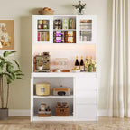 Armoire de cuisine avec portes et étagères réglables, 180 cm de haut avec étagère pour micro-ondes, lumières LED et station de charge