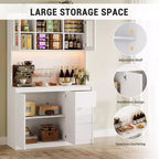 Armoire de cuisine avec portes et étagères réglables, 180 cm de haut avec étagère pour micro-ondes, lumières LED et station de charge