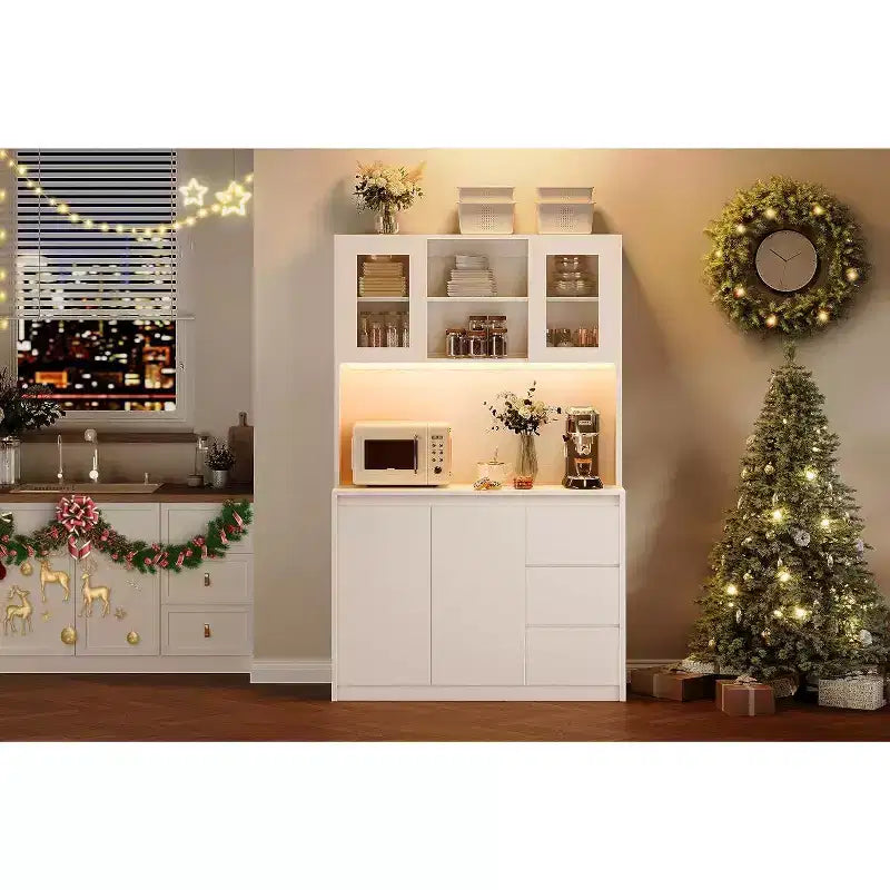Armoire de cuisine avec portes et étagères réglables, 180 cm de haut avec étagère pour micro-ondes, lumières LED et station de charge